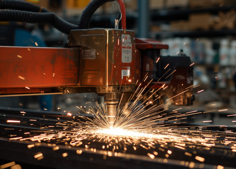 metal fabrication scene with sparks flying from laser cutting tools, Asian workers operating laser machines, bright sparks and light from cutting, grocery store shelving manufacturing, industrial workshop